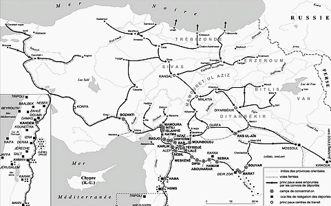 Carte des déportations des Arméniens lors du génocide